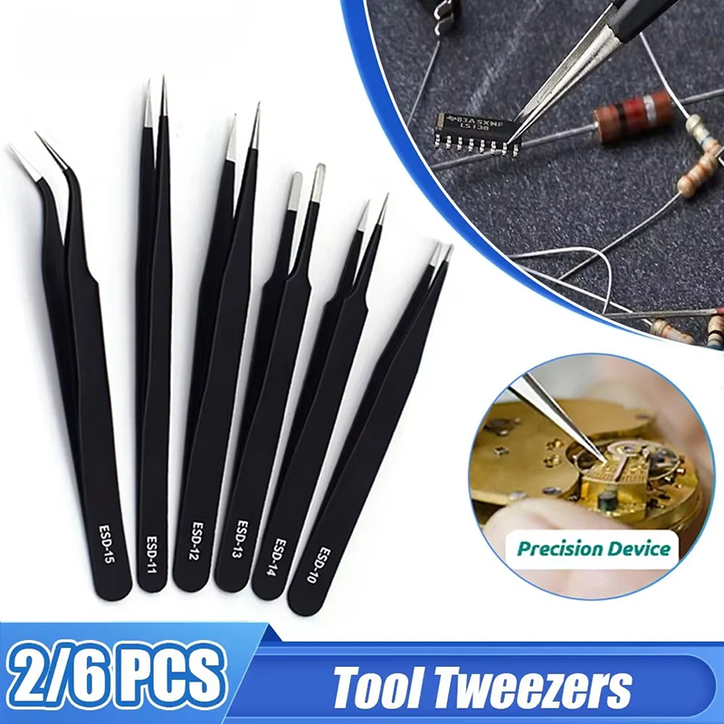 Maintenance Workshop Tools - Stainless Steel Black Tweezers Anti-Static ESD1mm